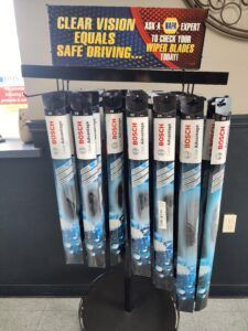 Display of Bosch wiper blades with sign: