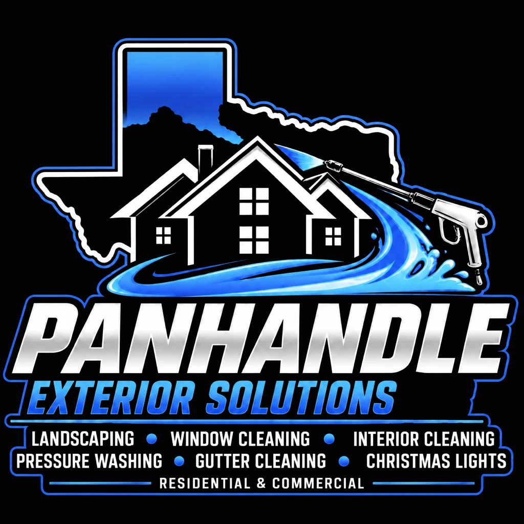 Panhandle Exterior Solutions logo with Texas outline, house, blue swoosh, and service list on black background