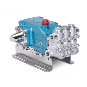 Blue industrial pump with silver fittings and a red knob on a metal base