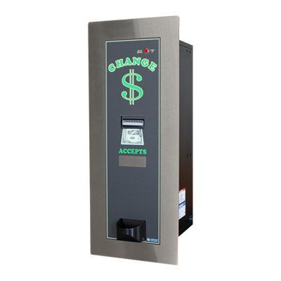 Wall-mounted stainless steel cash acceptor with green dollar sign display and slot