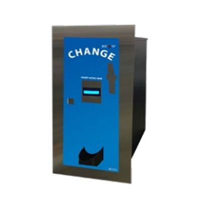 Blue change machine with a bill slot and coin return opening on a stainless-steel cabinet