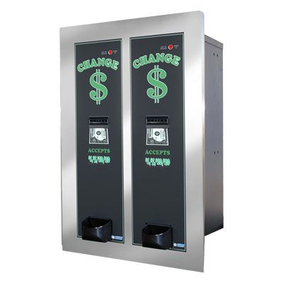 Double black currency exchange machine with green signs and bill slots on a silver cabinet