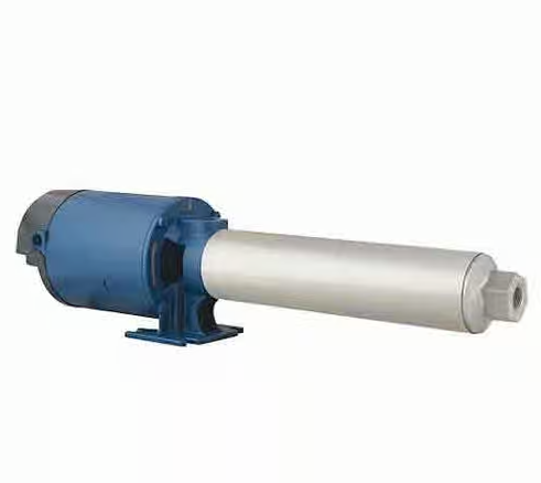 Blue industrial pump attached to a long white cylindrical housing on a white background