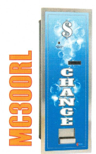Blue vending machine labeled “CHANGE” with a coin slot and dollar sign.