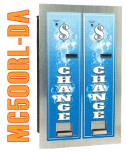 Orange change machine with two blue $1 slots labeled “CHANGE” and “MFG50RL-DA” on the side.