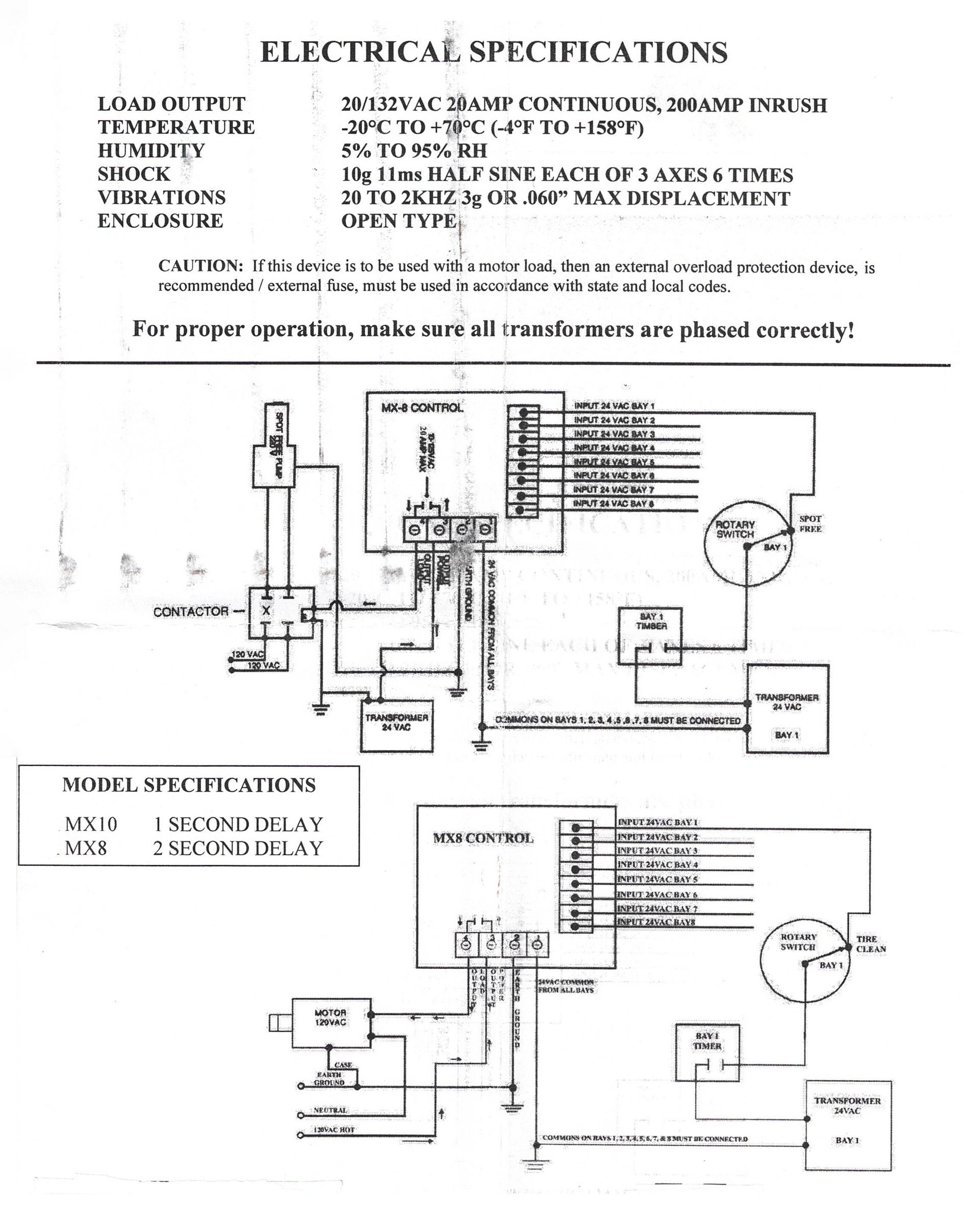 Electrical specifications sheet with wiring diagrams and labeled components on a white background
