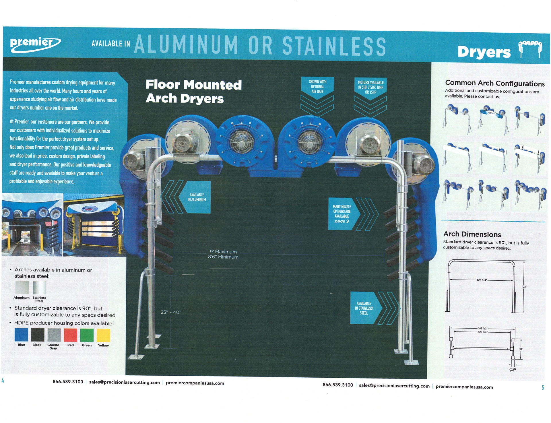 Product brochure showing floor-mounted arch dryers in aluminum or stainless steel, with diagrams and color options