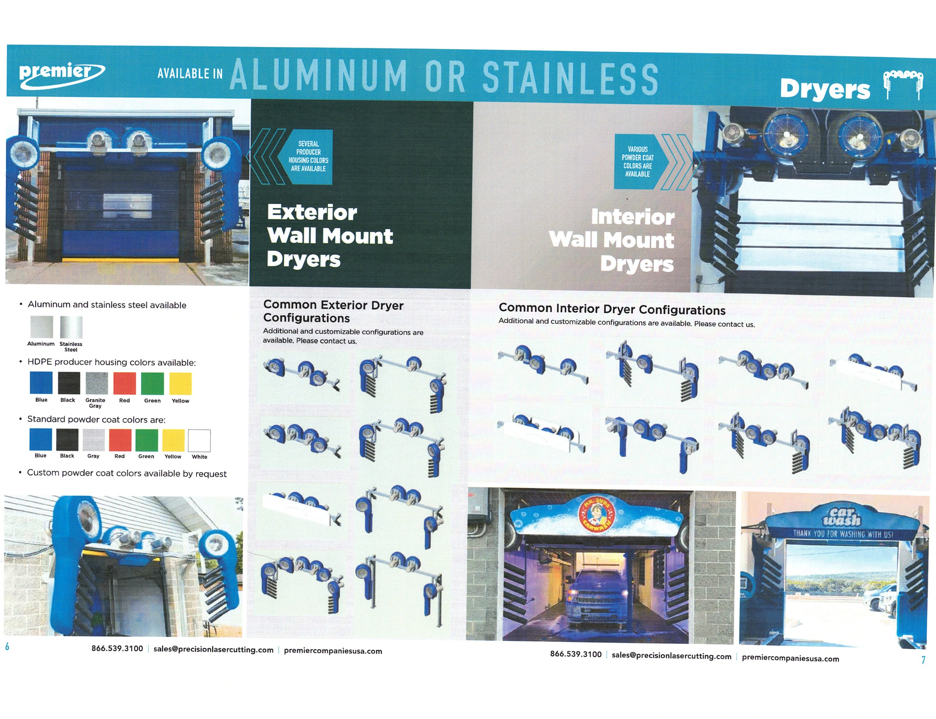 Promotional flyer for aluminum or stainless hand dryers, showing models, colors, and installation examples
