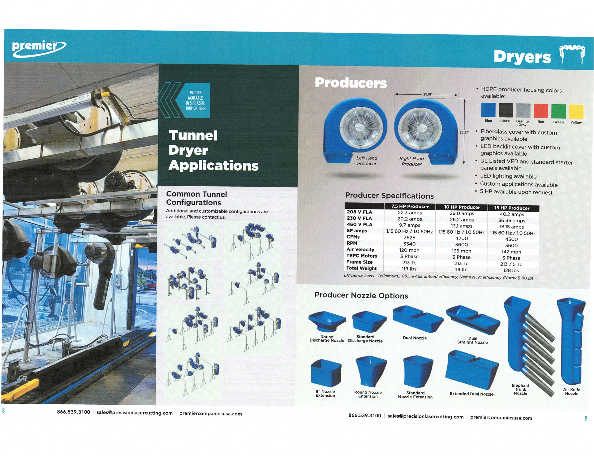 Dryer product brochure showing tunnel drying applications, blue machinery, and product diagrams on a white layout