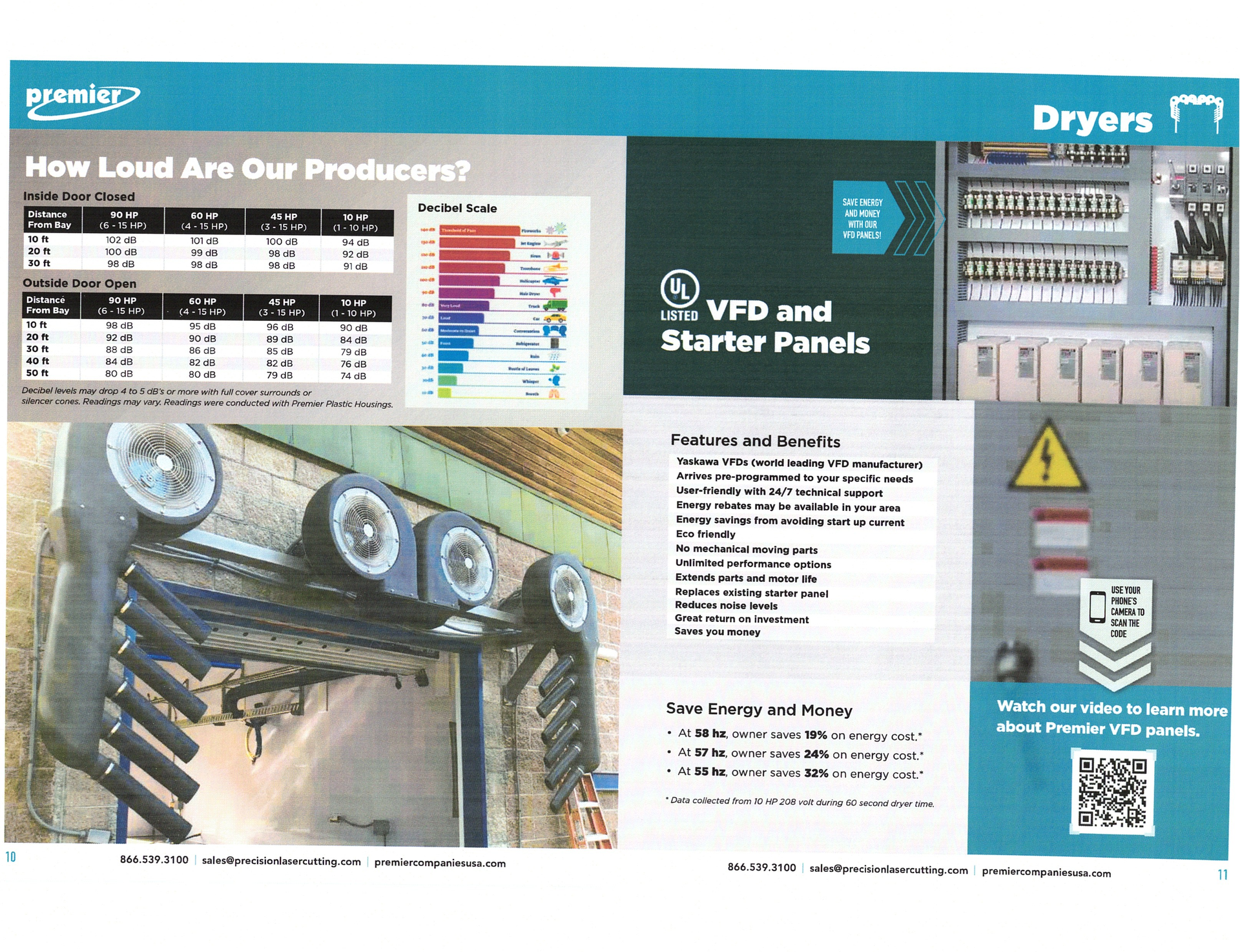 Industrial dryer brochure showing VFD and starter panels, with technical charts and equipment photos.