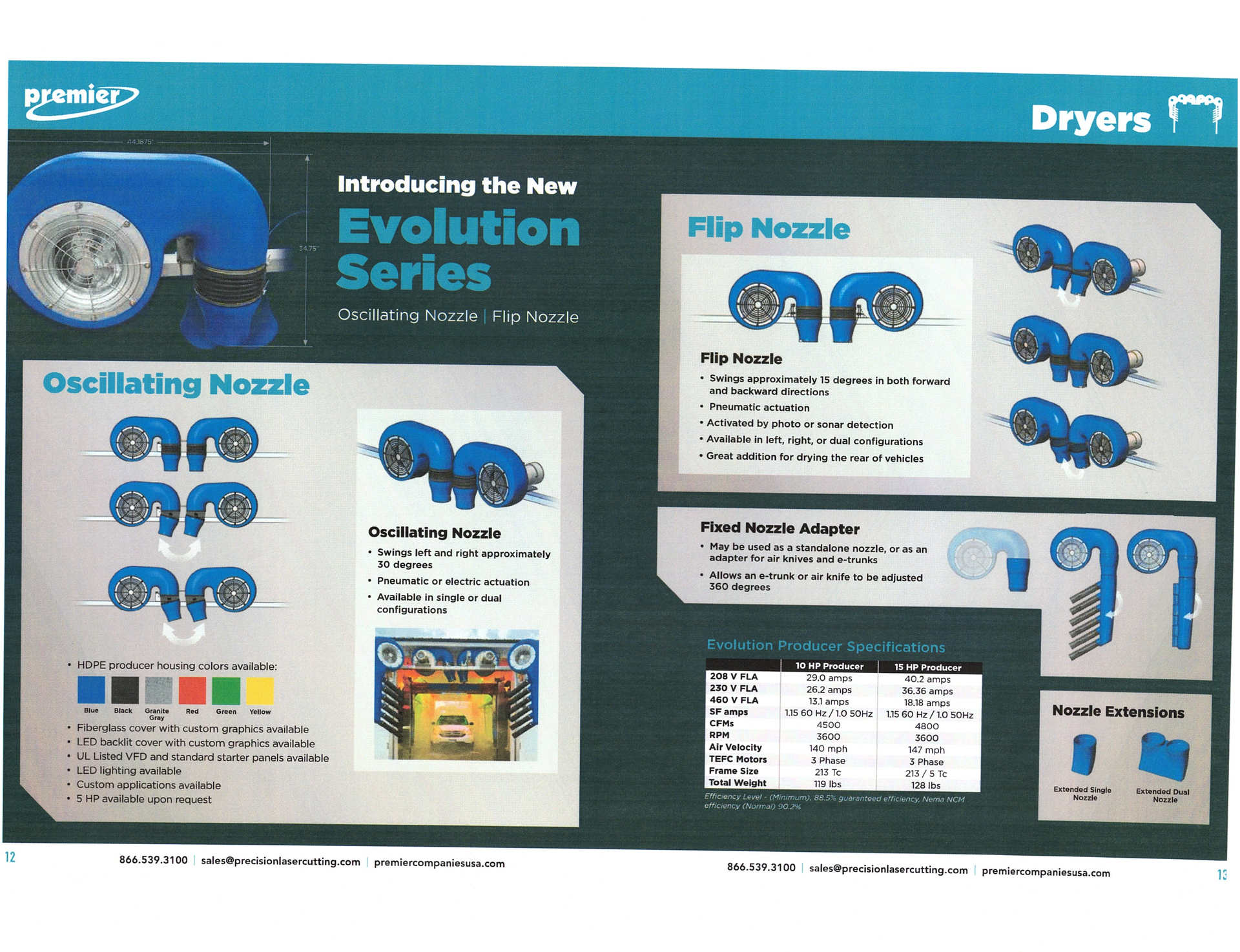 Product brochure for Evolution Series dryers, showing oscillating and flip nozzle options with diagrams on a teal background