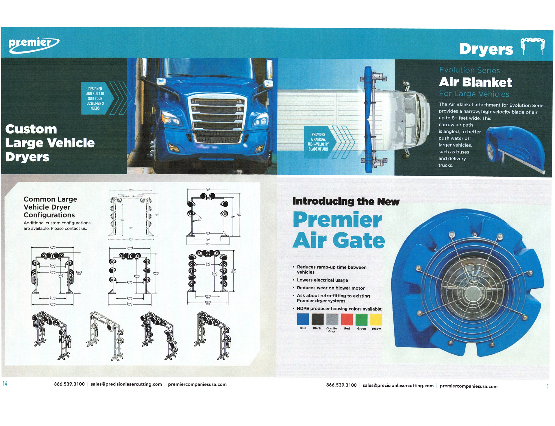 Trade brochure for custom large vehicle dryers and Premier Air Gate, with truck and product images