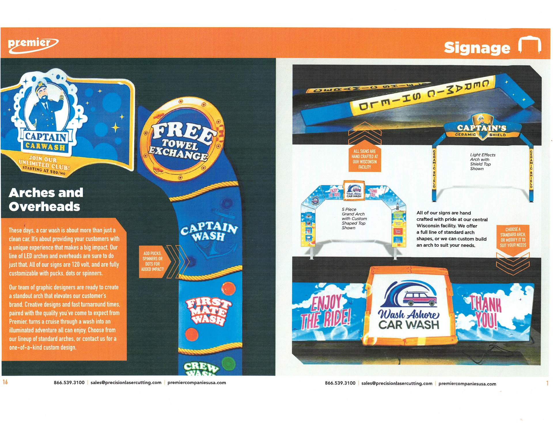 Promotional signage brochure showing blue and orange car wash arch designs and signage mockups