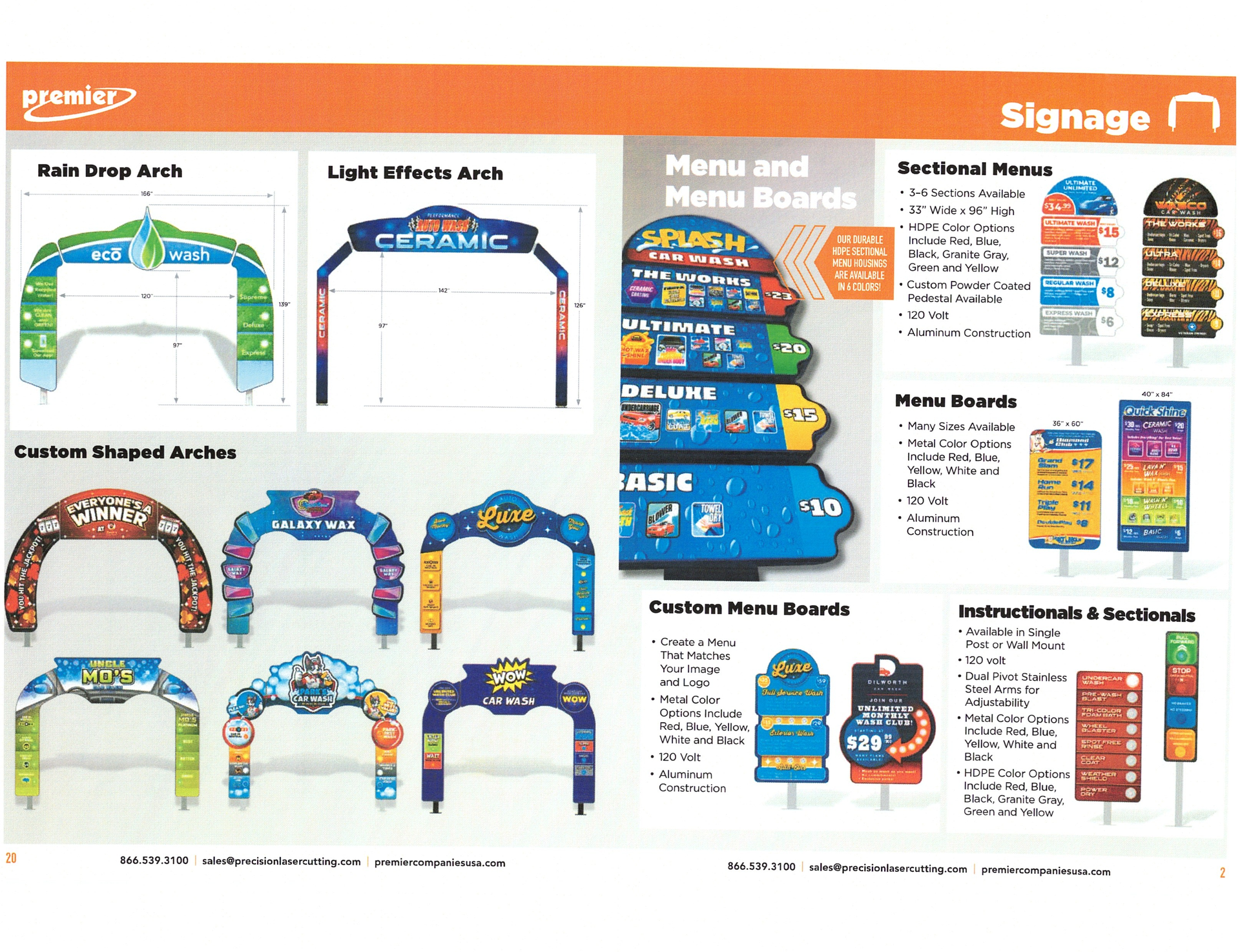 Catalog page showing colorful event arch arches, menu boards, and signage displays on a white background