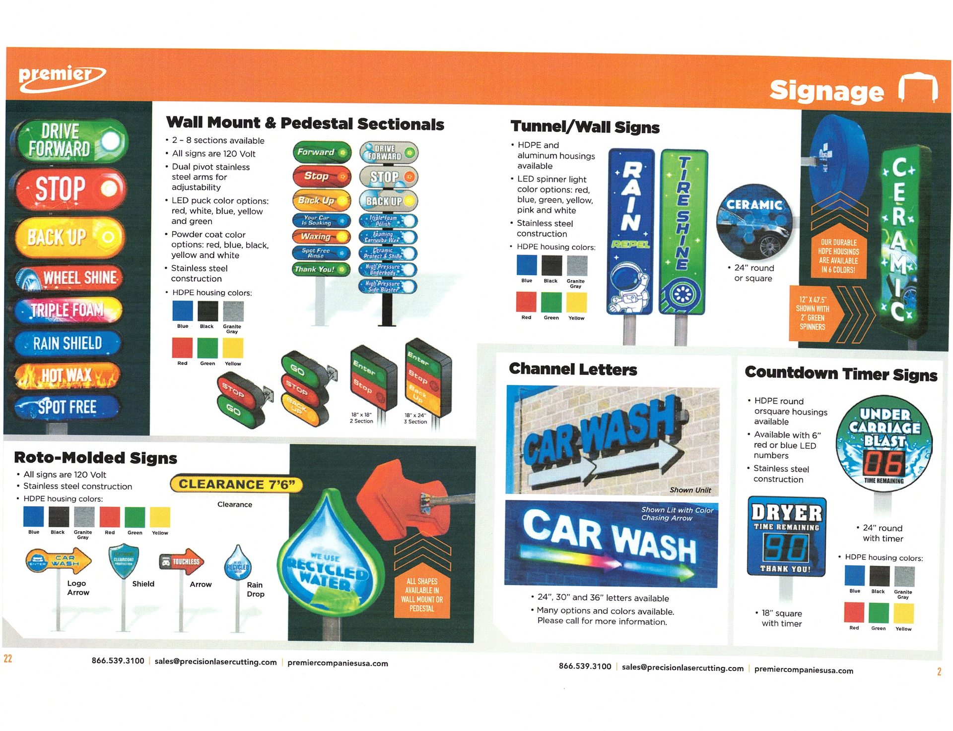 Signage product catalog with colorful custom sign styles and examples on white background
