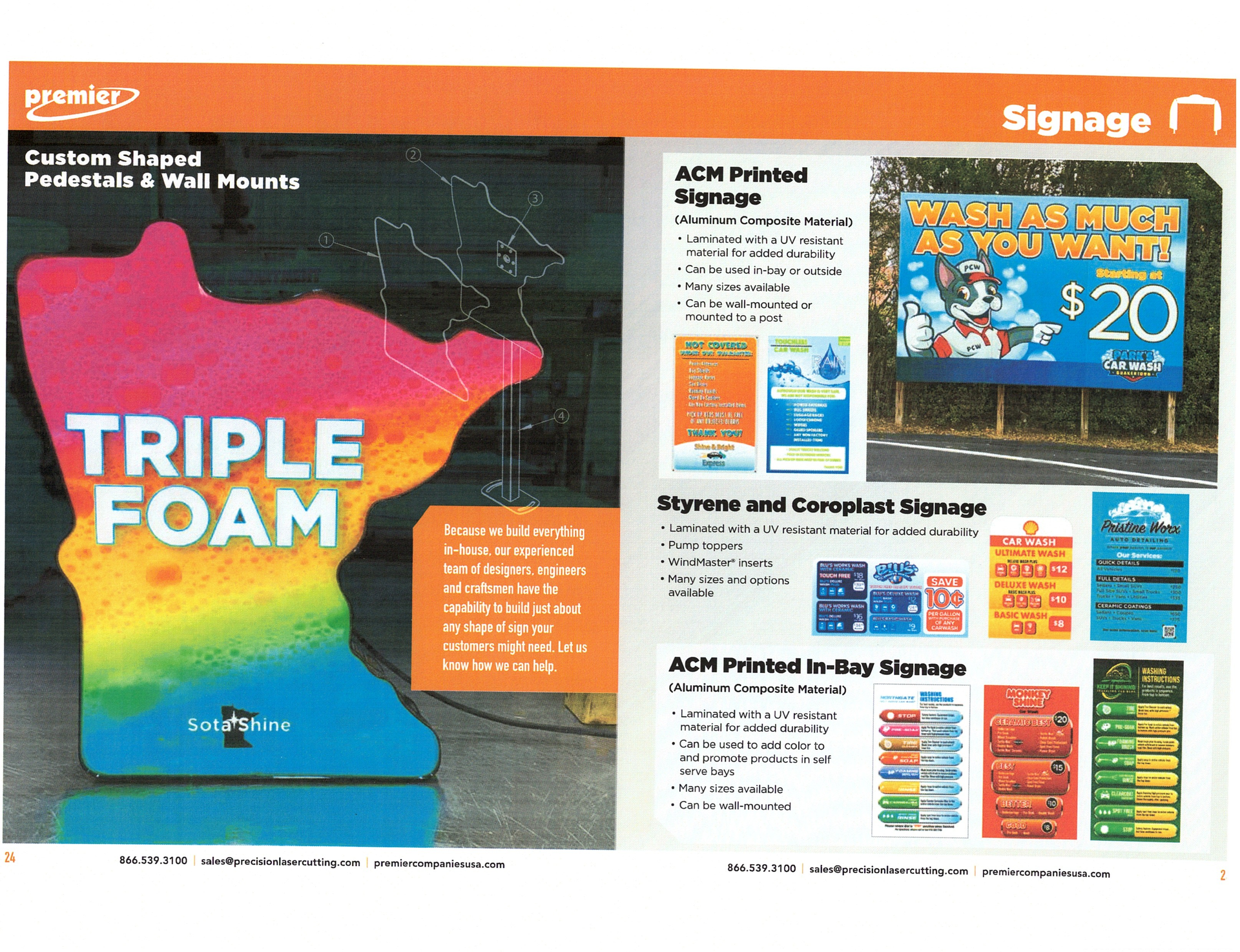 Brochure layout showing colorful “TRIPLE FOAM” product sign and smaller sign examples on the right