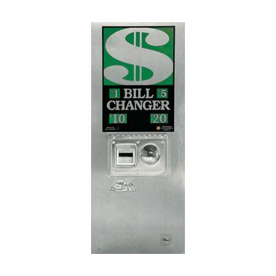 Silver bill changer machine with green dollar sign, coin slot, and bill denomination labels.