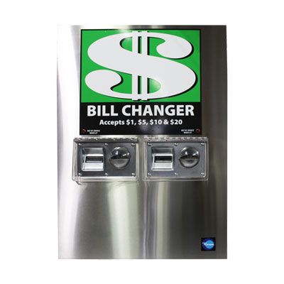 Stainless steel bill changer machine with green sign, labeled to accept $1, $5, $10 and $20 bills.