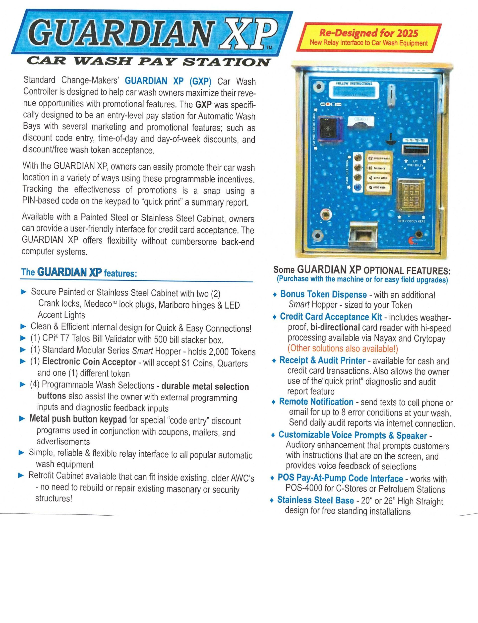 Guardian XP car wash pay station ad, blue panel with features list.