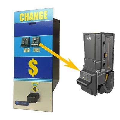 Change machine with arrow pointing to a vending machine coin mechanism