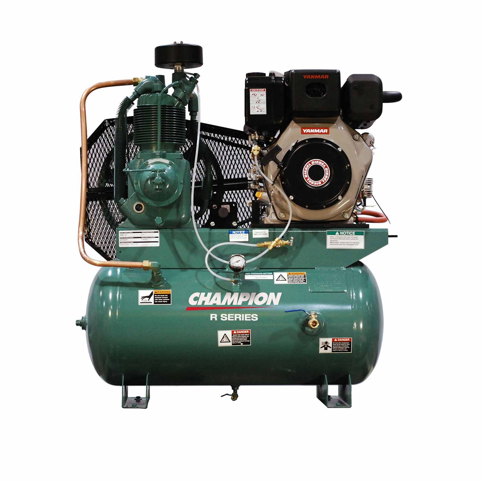 A green Champion R Series air compressor with a black diesel engine. It's set against a plain white background.