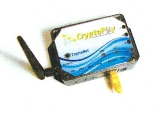 CryptoBox device with black antenna, silver case, blue wave graphic, and yellow connector on a white background