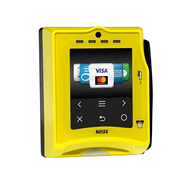 Yellow Nayax card payment terminal with touchscreen and credit cards inserted