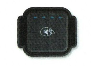 Black square device with blue indicator lights and a central speaker icon