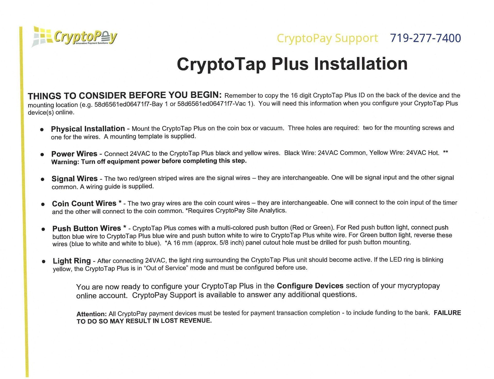 CryptoTap Plus installation instructions page with yellow logo and black text on white background