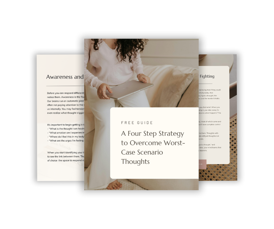 Overlapping beige wellness workbook pages with a woman stretching on the cover and text about worst-case scenario thoughts