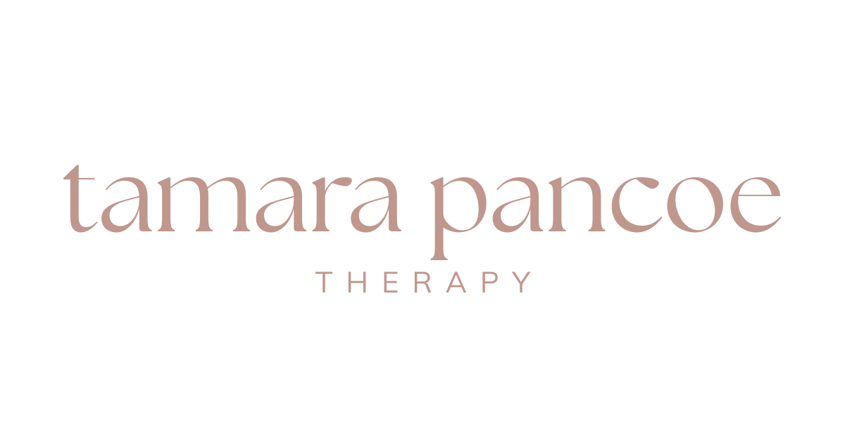 Tamara Pancoe Therapy logo in soft pink serif text on a white background