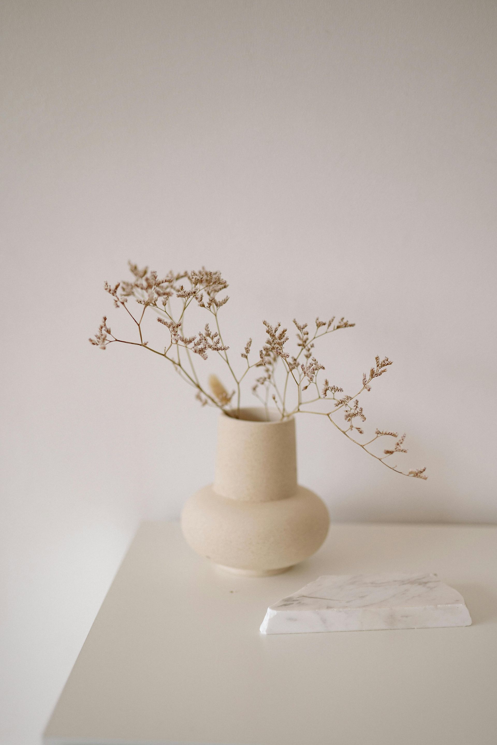 Minimalist beige vase with dried flowers on a white table against a plain wall