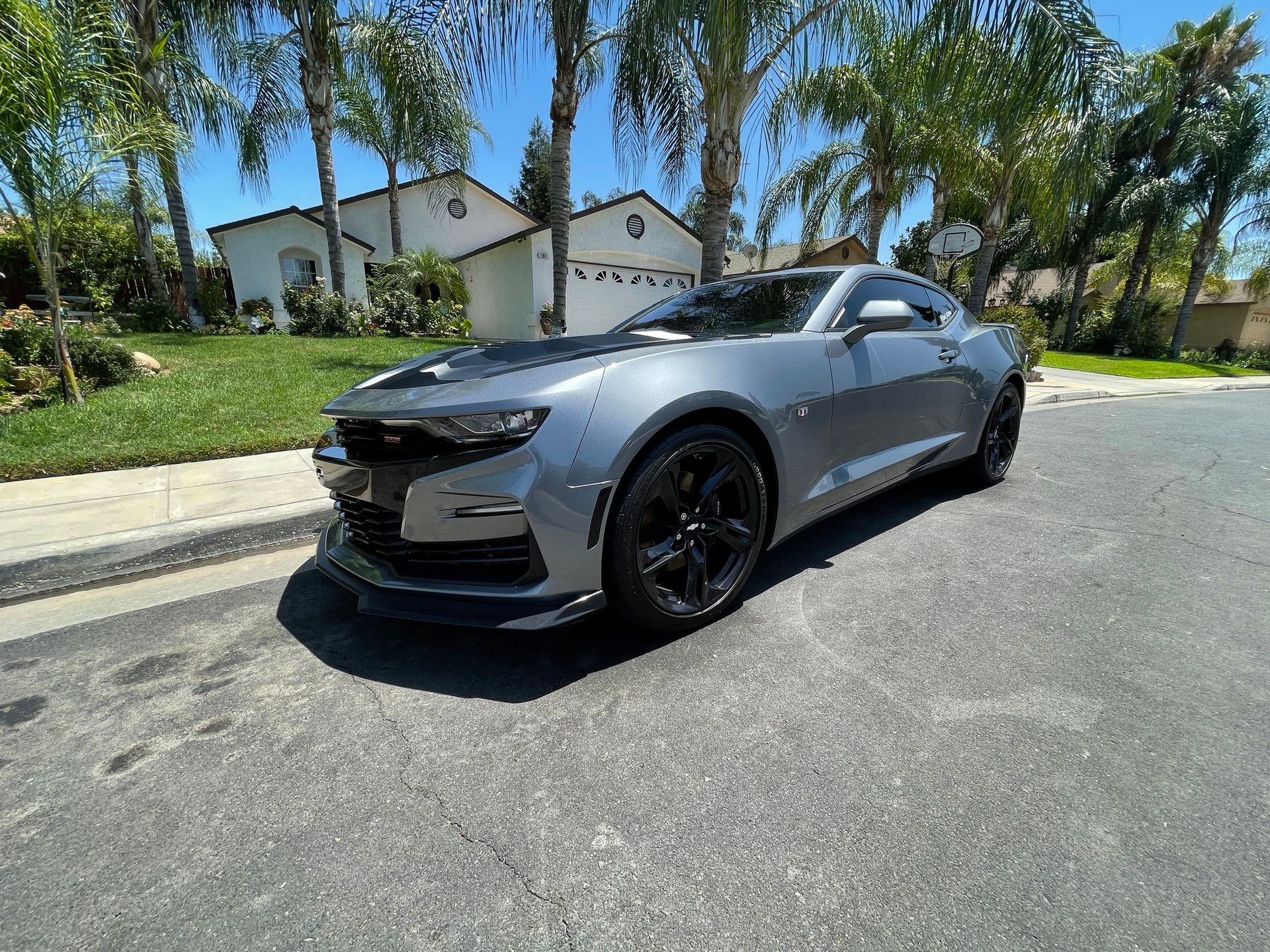 A gray sports car is parked on the side of the road in front of a house.