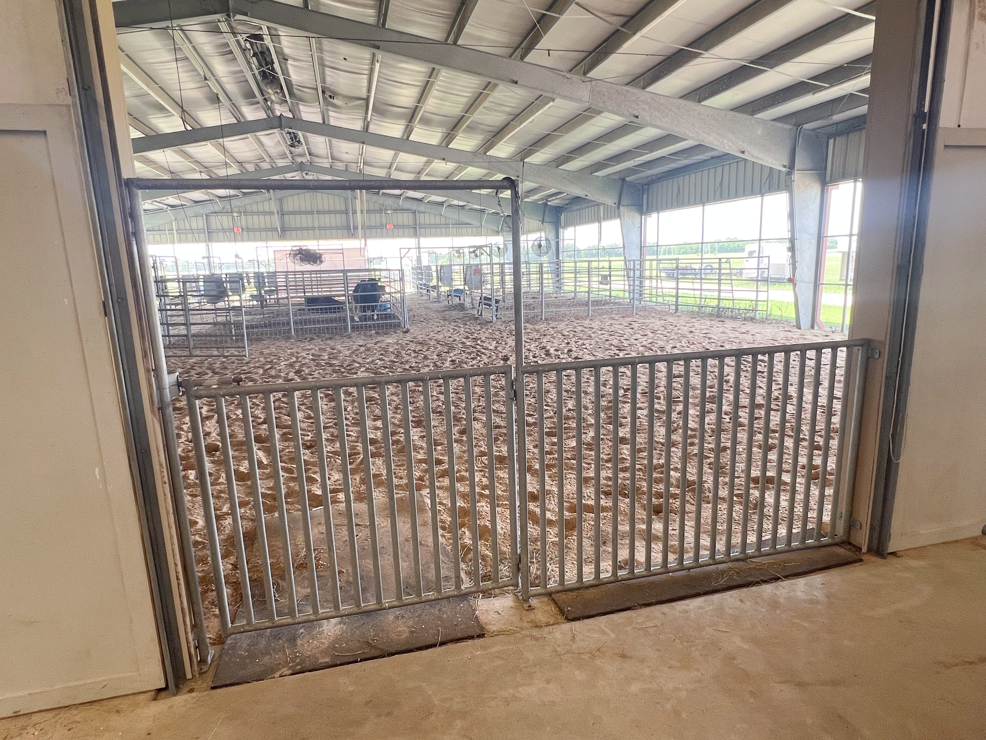 A fence in a barn with a lot of animals in it.