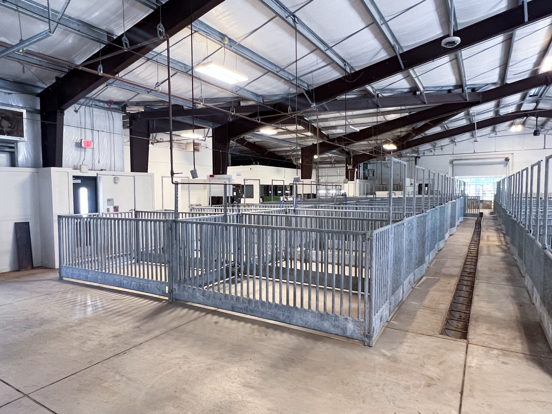 A large empty building with a lot of metal fences