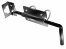 A close up of a metal latch on a white background.