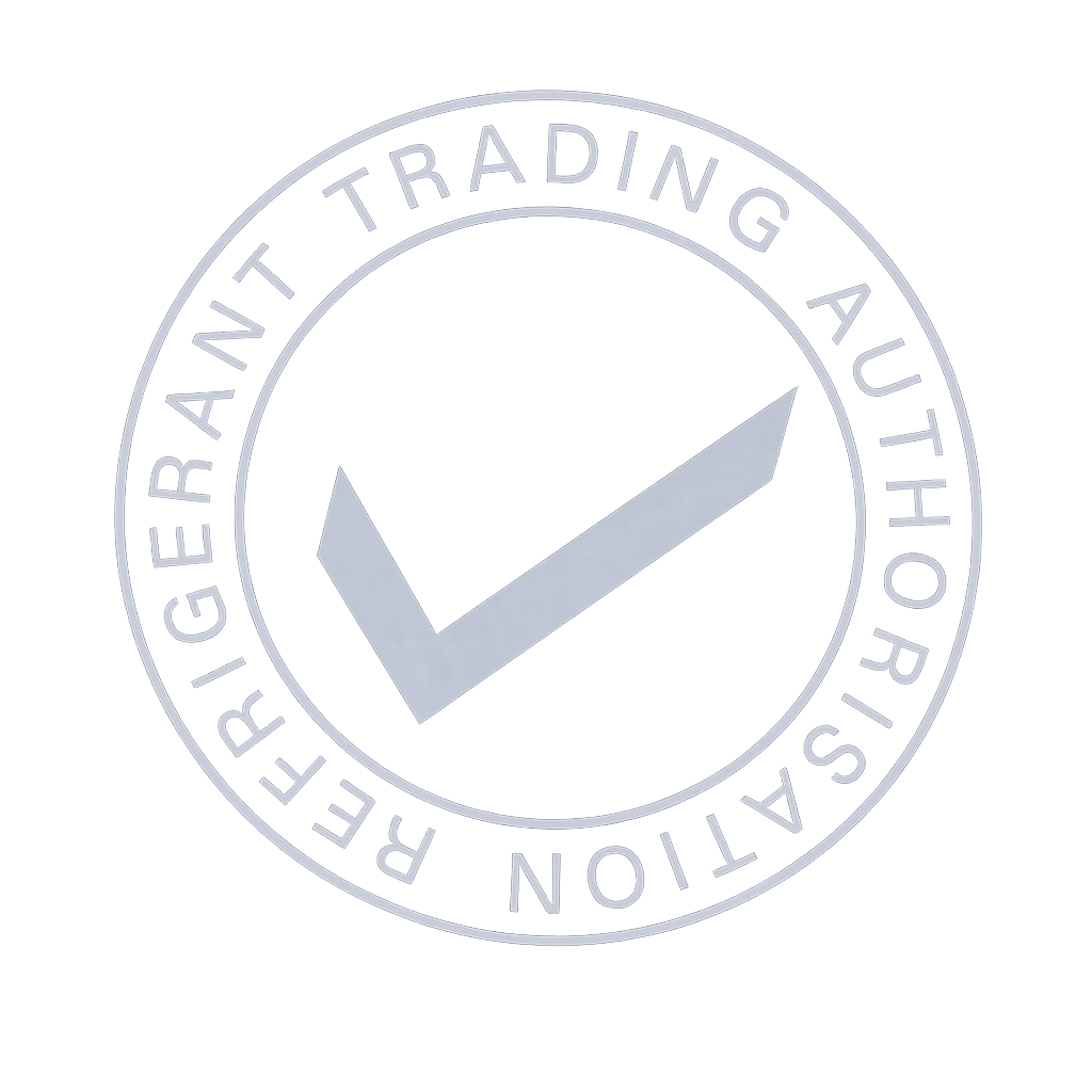 Pale gray circular seal with a checkmark and the words “Refrigerant Trading Authorization” around it