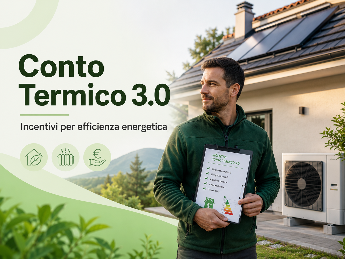 Tecnico energetico davanti a casa con pannelli solari e pompa di calore per incentivi Conto Termico