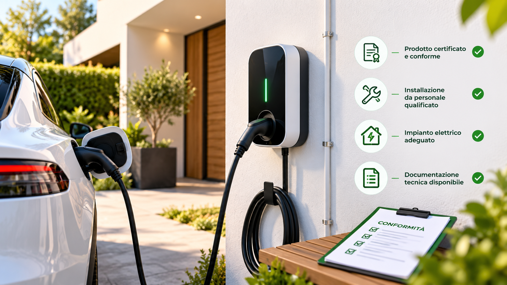 Auto elettrica in ricarica con wallbox domestica e impianto fotovoltaico, Bonus Colonnine 2026