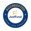 JustFund accredited legal fee funding logo in blue and gold circular badge