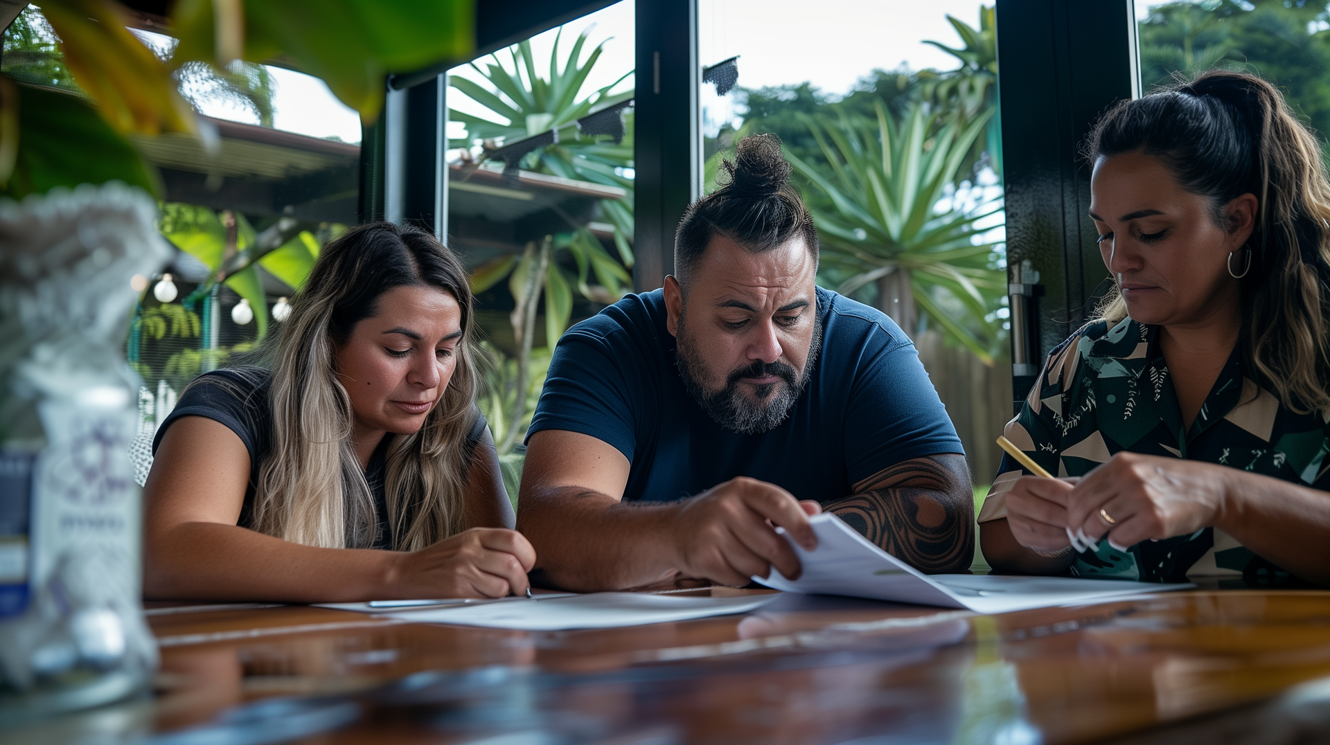 Three people, two women and a man, reviewing papers at a table.