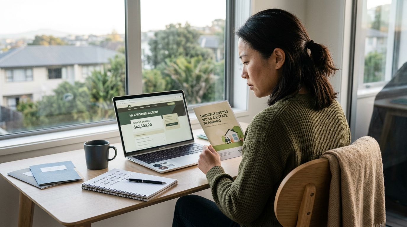 Person working at a desk with a laptop and notebook by a window, holding a notepad.