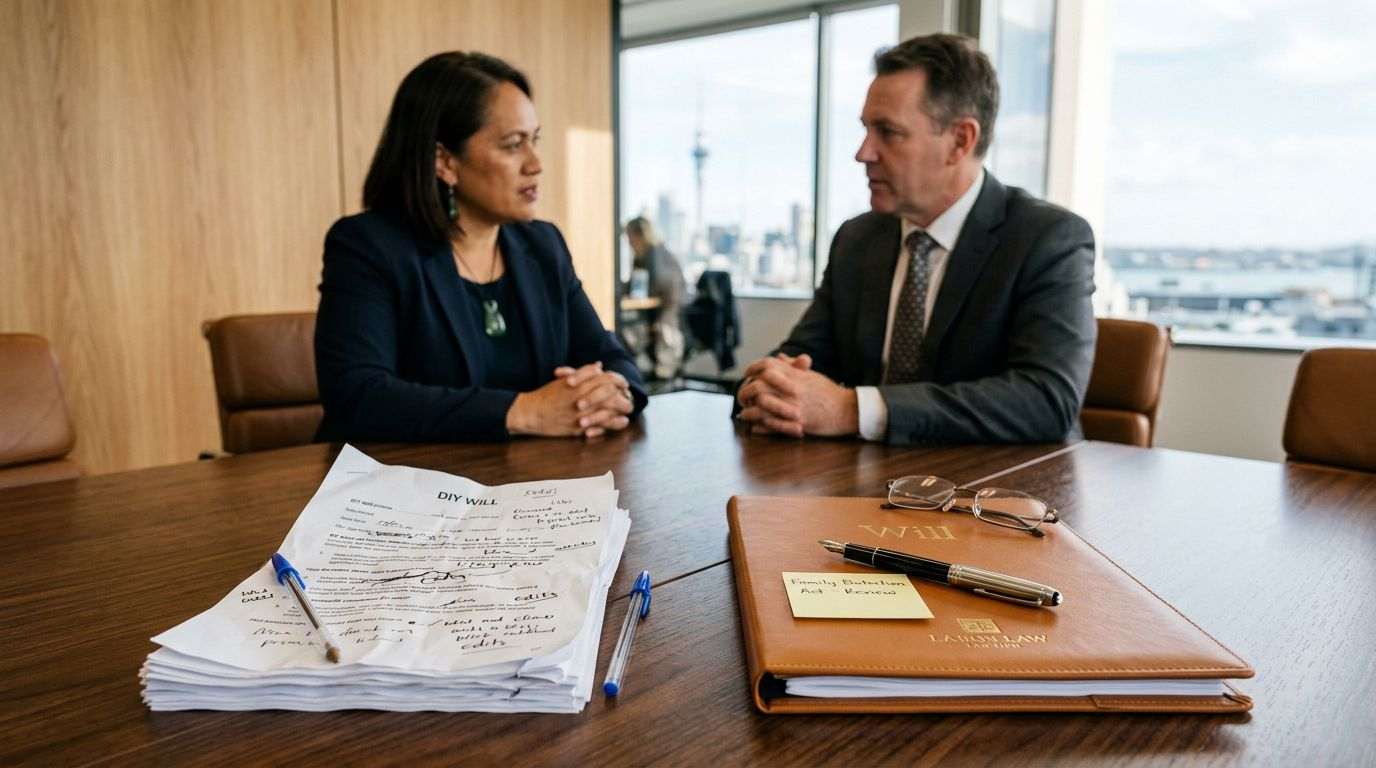 Two professionals discuss documents at a conference table in a bright office.