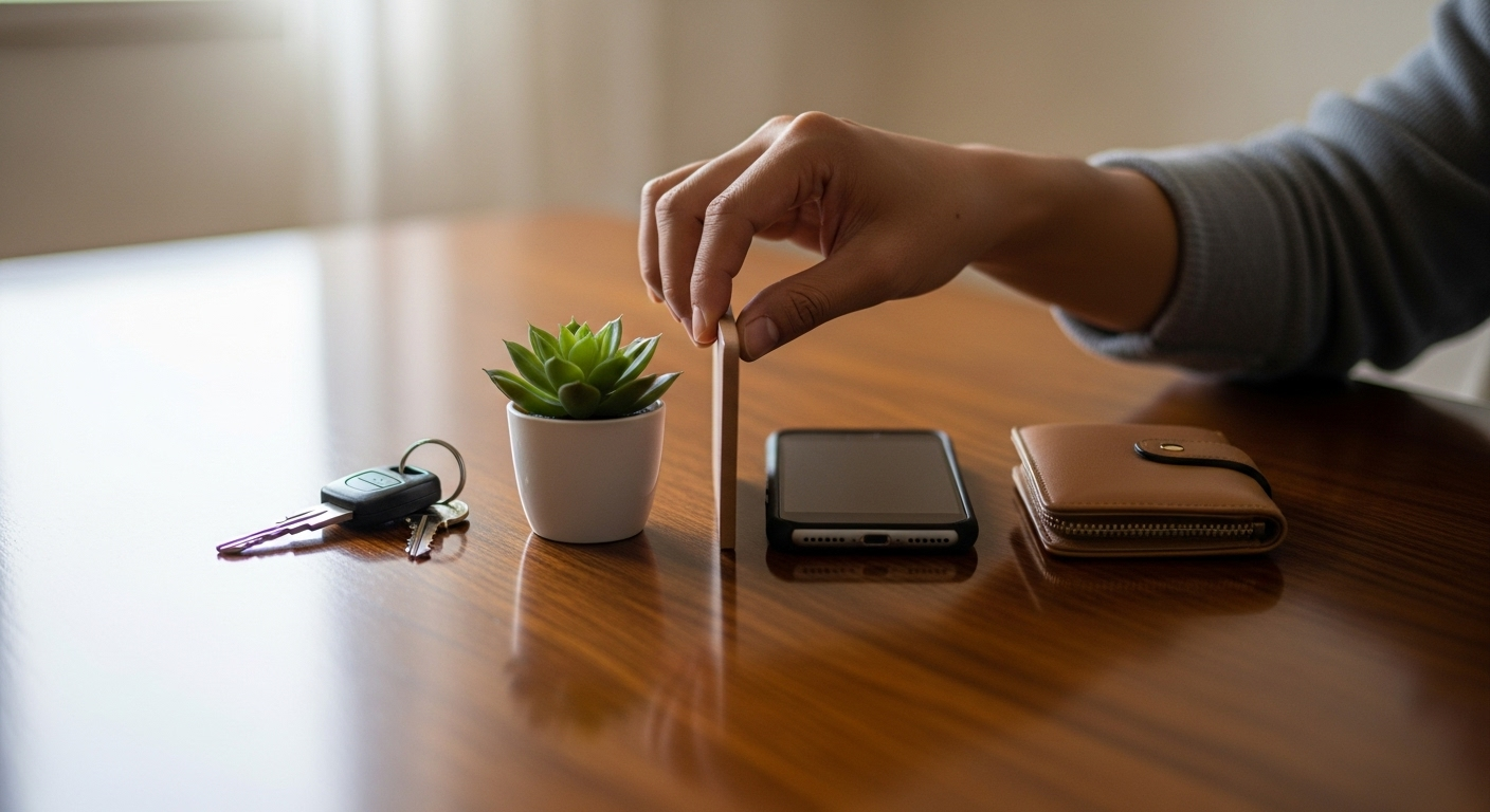 Hand placing a key next to a small plant, car keys, and two smartphones on a wooden table