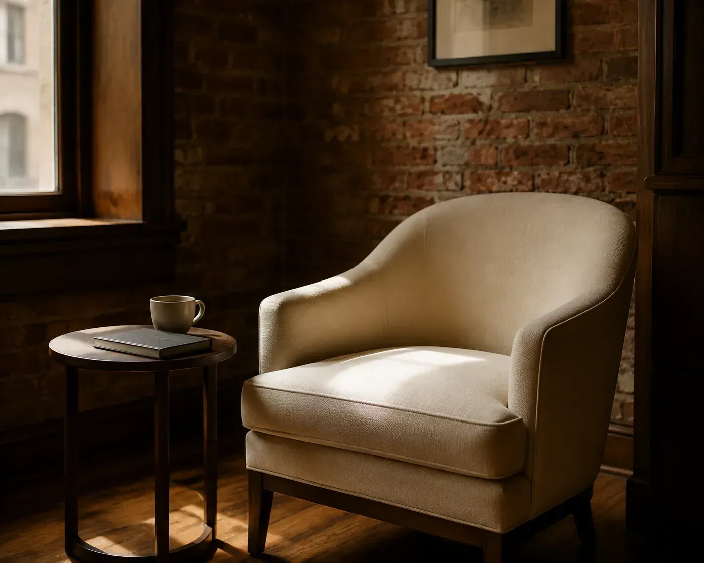 Armchair and side table in a quiet corner of a law office