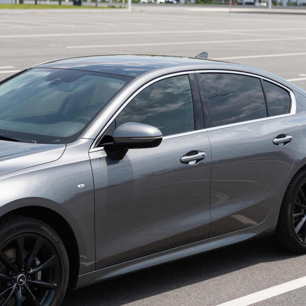 Gray sedan parked in an empty lot, side view with tinted windows and black wheels