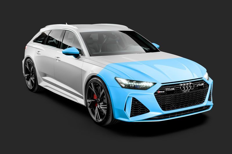 A white Audi RS6 station wagon with a light blue front bumper, hood, and side mirror, set against a dark gray background.