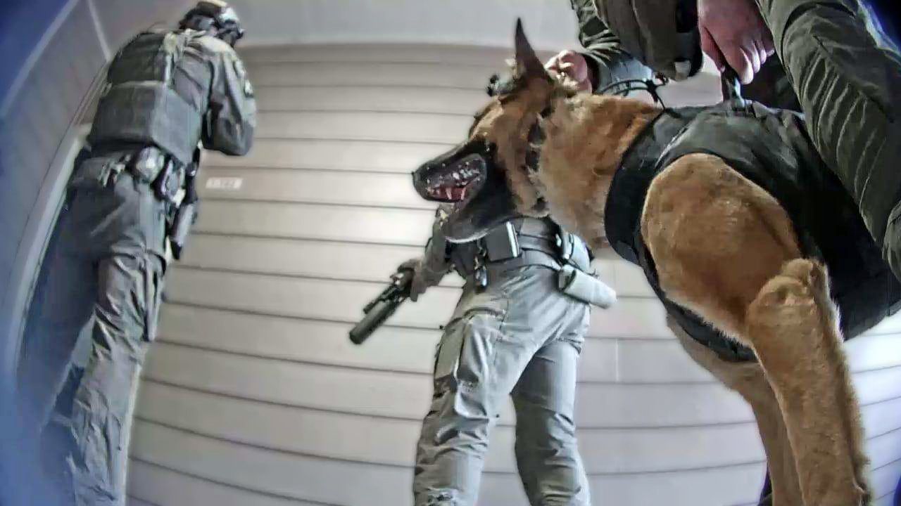 Two police officers and a dog are standing next to each other in a room.