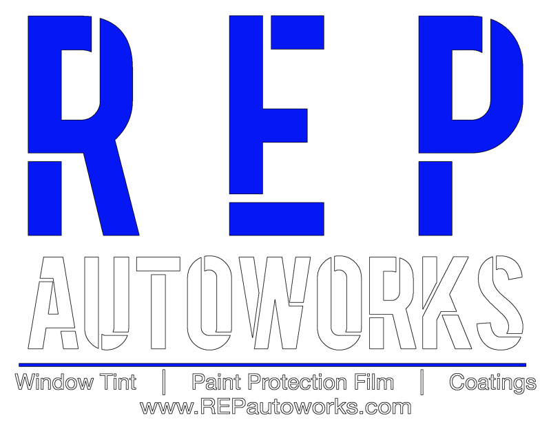 A blue and white logo for rep autoworks paint protection film and coatings