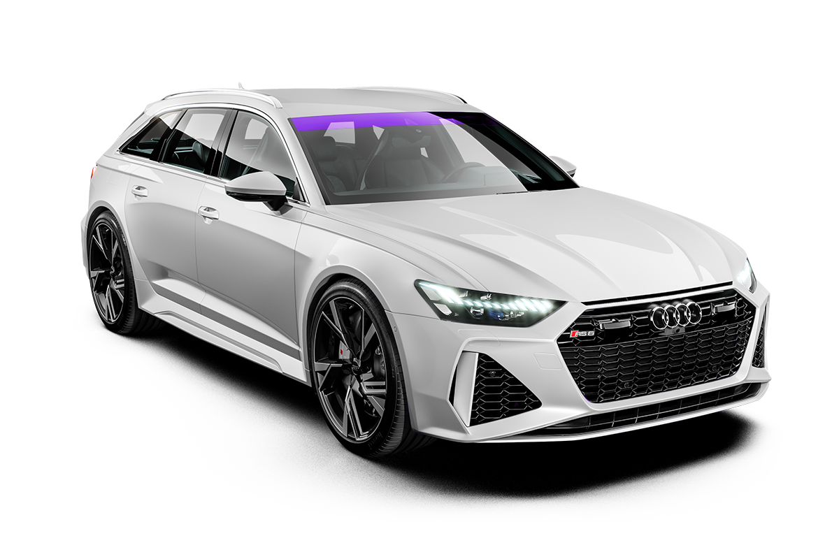 A white audi rs6 with a purple windshield on a white background.